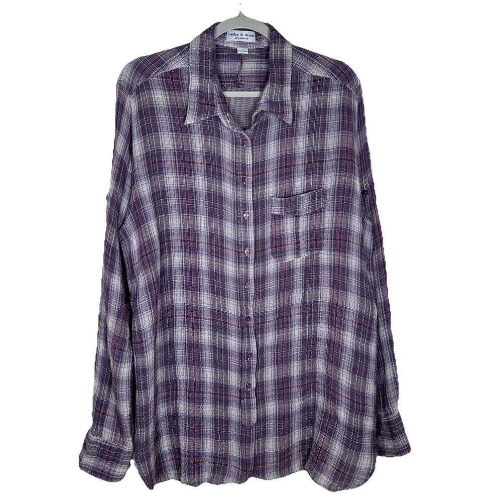 tasha & simon womens Sz L plaid double cotton gauze long sleeve button up shirt